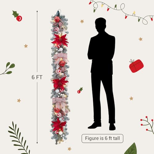 GarveeHome 6 Ft Pre-Lit Christmas Garland with Lights, Battery Operated Xmas Garland with 20 Lights Ball Ornaments Ribbons Bows for Mantle Table Centerpiece Indoor Outdoor Home Decor, Red and White