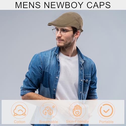 Qossi 2 Pack Newsboy Hats for Men Flat Cap Cotton Adjustable Breathable Irish Cabbie Ivy Driving Hunting Hat