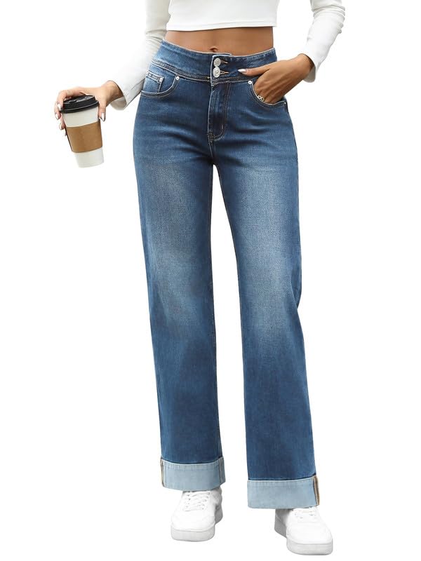 GenleckGenelck Wide Leg Jeans for Women – Cuffed Hem Stretchy Baggy Jeans High Waisted Boyfriend Jeans Trendy Y2K Denim Pants
