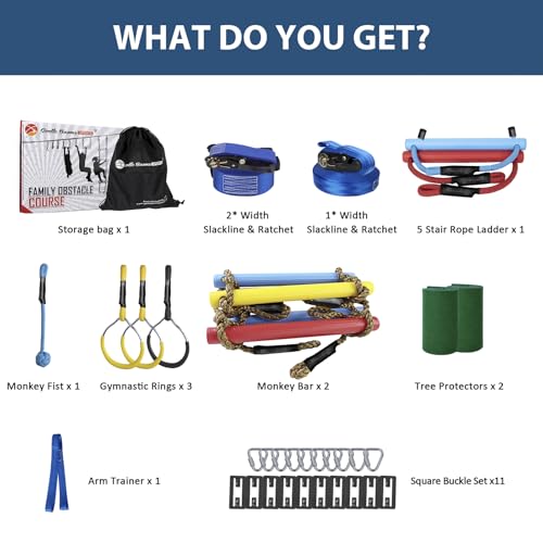 Gentle Booms Sports Ninja Warrior Obstacle Course for Kids, 2×56ft Ninja Line Kit with 8 Slackline Accessories - Monkey Bar, Rope Ladder, Gymnastic Ring, Arm Trainer and Monkey Fist