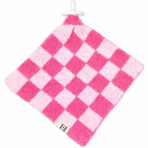 Image of L+L USA Checkered Baby Lovey Pacifier /Teether Holder 10 inchx10 inch - DreamSoft Plush Fluffy Cuddly Soothie Reversible Mini Comfort Blanket - Cute Newborn Gift Essential Babies Boys Girls (Light /Bright Pink)