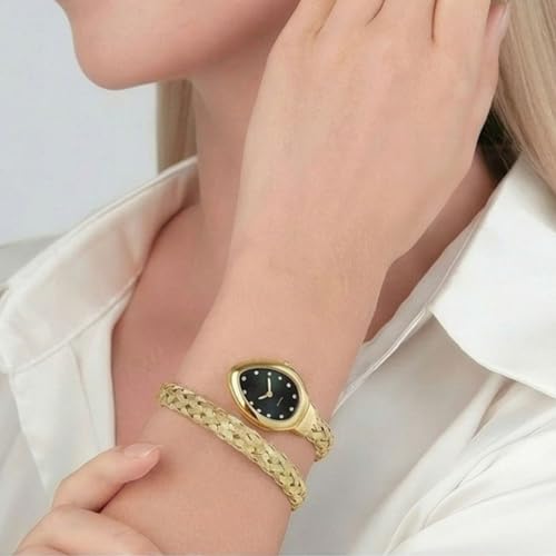 Image of Serpentine Snake Watch for Women with Spiral Bracelet, Green Dial with Quartz, Stylish Analog Waterproof Serpenti Watch (Mesh Black 271)