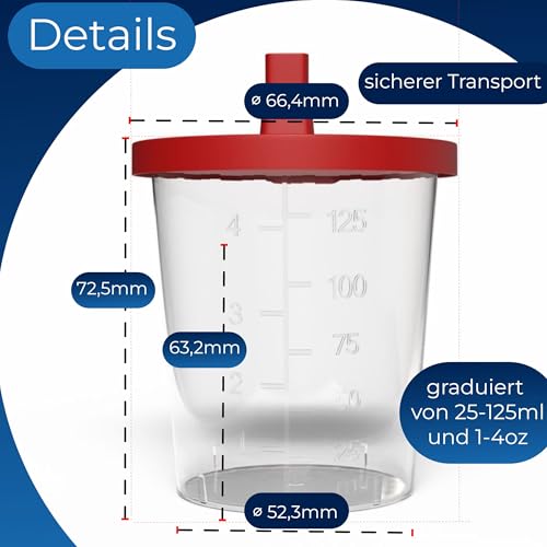 Horn Medical Urinbecher/Probenbecher mit Schnappverschluss 150ml Fassungsvermögen, Maßtabelle bis 125ml/4oz, beschriftbar (25)