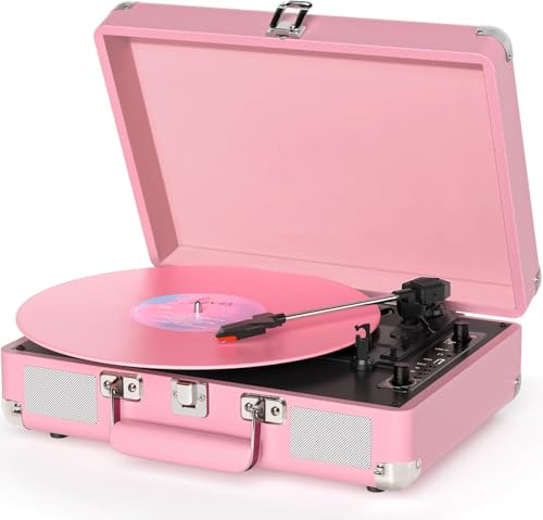 Vinyl Record Player Bluetooth 3-Speed Portable Suitcase Turntable with Built-in Speakers, USB Recording Vinyl to MP3, RCA, AUX & Headphone Output Pink