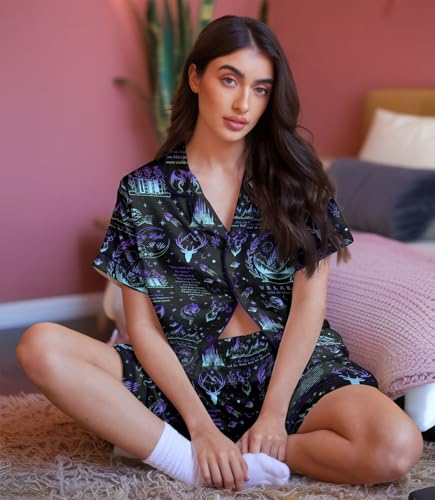 Image of HUNTFAMI Women Silky 2 Pcs Satin Pajama Set Long Sleeve Button Down