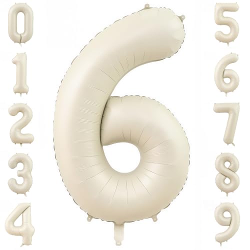 Image of Cream Number 6 Balloons,40 Inch 6 Balloons Giant Helium Foil Mylar Beige 6 Balloon Number for Birthday Party Anniversary Decorations