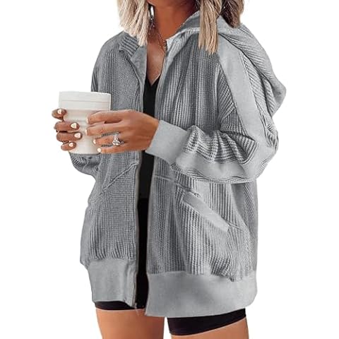 Eytino Womens Plus Size Waffle Knit Shacket Jacket Oversized Long Sleeve Zip Up Boyfriend Shirt Tops,2X Gray Cover