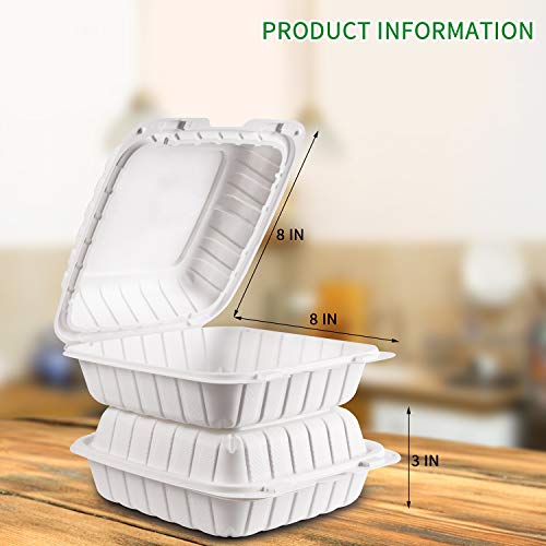 Fuling [8X8-Inch, 50 Pieces Disposable To Go Box Containers, Plastic Clamshell Takeout Food Trays, Microwave Safe, Cut Resistantstable Hinged Lid, Hybrid Polypropylene, White #TOP1