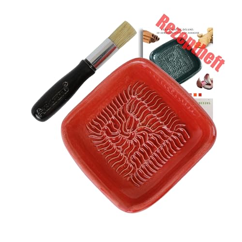 ANCKERAMIC® Ceramico Reibeteller & Backpinsel mit Naturborsten, Set aus Keramik für Knoblauch, Ingwer, Muskat, Handmade (Rot/Schwarz)