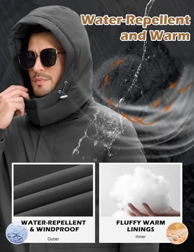 Image of Men's Winter Long Puffer Jackets, Water-Repellent Down Parka Warm Coats Outerwear with Detachable Hood & Carry Straps