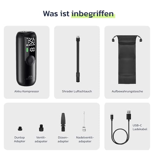 Woowind LP1 Elektrische Luftpumpe & Akku Kompressor (150 PSI/10.3 Bar), Akku Luftpumpe für Auto, Motorrad, Roller, Bälle - Tragbar + Digital Display + LED