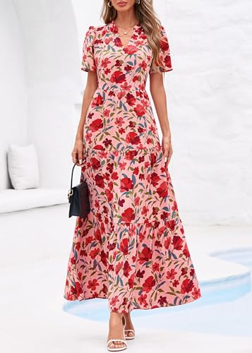 Image of KIRUNDO Womens Floral Boho Flowy Maxi Dress | Short Sleeve, V Neck, Empire Waist, A Line, 2026 Summer Beach Vacation Long Dresses With Pockets, Cocktail Party Outfits
