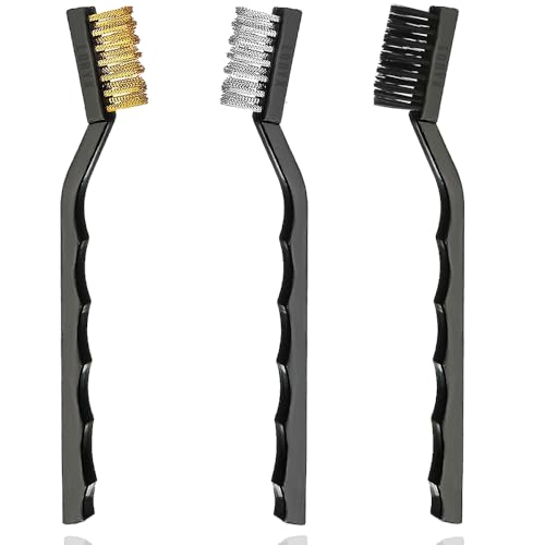 3 Pcs Mini Wire Brush Set – Stainless Steel, Brass & Nylon Bristles for Cleaning Rust, Welding Slag, Metal, Kitchen Sink & More – Small Wire Brushes for Precision Cleaning