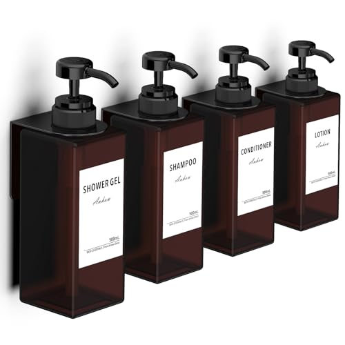 4 Piezas Dispensador Jabon Baño Pared, 500ml Dispensador Gel y Champu Ducha Sin Necesidad de Taladrar con 4 Soportes y 16 Etiquetas Impermeables para Cocina y Baño - Marrón 4 Piezas Dispensador Jabon Baño Pared, 500ml Dispensador Gel y Champu Ducha Sin Necesidad de Taladrar con 4 Soportes y 16 Etiquetas Impermeables para Cocina y Baño - Marrón