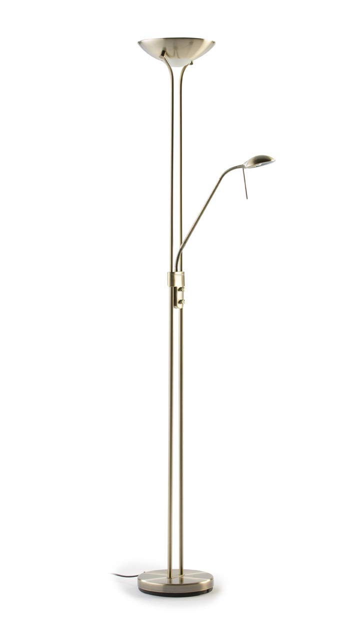 Els Banys Lámpara pie salón LED SMD metal oro viejo. pantalla superior 17W-3000k-1600 lumens. Lector articulado 5W, 3000K, 450lumens. H180cm Ancho 50cm. Luz regulable. IP20 uso interior