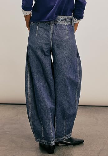Women Barrel Jeans Pull-On Denim Elastic Waist Boyfriend Y2K Baggy Wide Leg Pants with Drawstring3