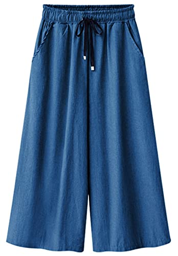 CHARTOU Women Elastic Waist Wide Leg Capris Cropped Denim Pants Jeans Palazzo Culottes with Pocket