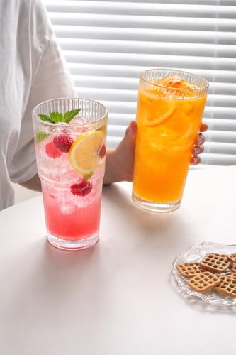 Image of PrimeWorld Ribbed Glass Tumblers - 6-Piece Set (350ml Each) | Thickened Highball Glasses for Iced Coffee, Smoothies, Cocktails & Juices | Elegant & Durable Drinkware for Home, Office & Travel