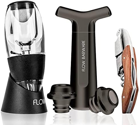 FLOW Barware Wine Aerator 3PC Wine Accessories Gift Set | 3-in-1 Corkscrew Waiters Friend Bottle Opener, Wine Aerator Pourer & Wine Pump With Stoppers