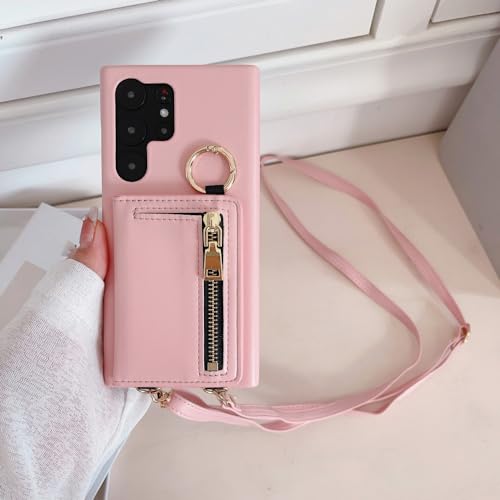 Étui portefeuille Samsung S23 Ultra cuir rose avec porte-carte intégré