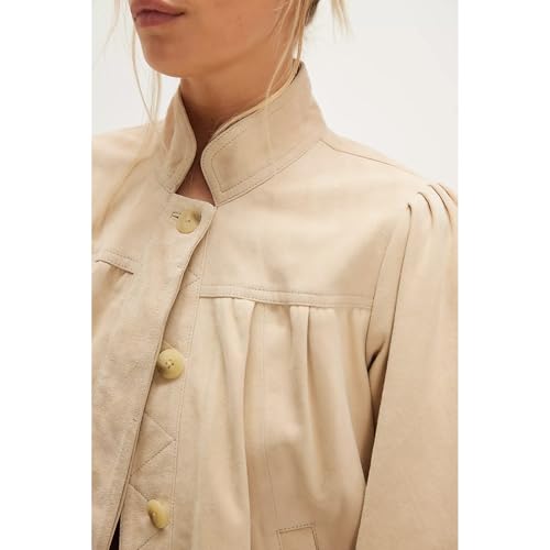 Fall Faux Suede Jackets for Women Long Sleeve Banded Collar Bubble Hem Button Down Cropped Coat with Side Pockets3