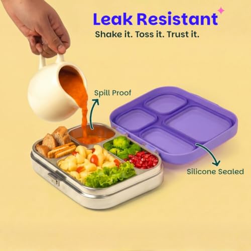 Image of Basil Bento Box Quad - 4 Compartment Stainless Steel Lunch Box with BPA-Free Plastic Lid | 800 ml Leak-Proof Tiffin Box for Kids & Adults | Premium School, Office, and Picnic Lunch Box - Purple Pop