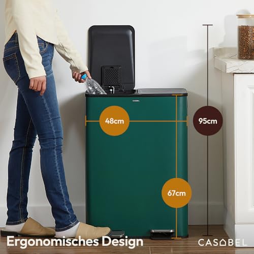 Image of CASABEL Tri Selectif Bin 60L - 2 x 30 L Bin with Pedal, Stainless Steel, Dark Green Anti-Fingerprint, Double Compartments, Kitchen Bin, with Removable Bins, Handles, Silent Lids, 2 x 30 L