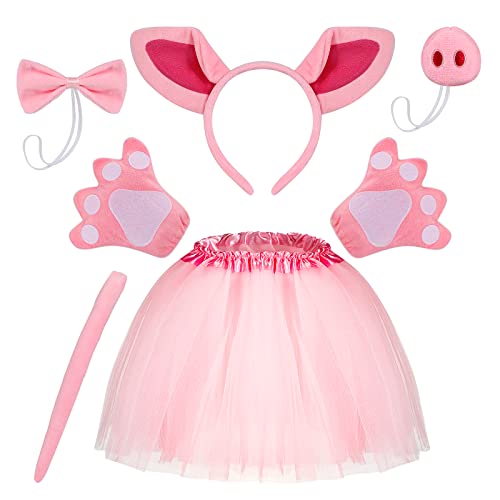 Hifot 7 Pièces Deguisement Cochon pour Enfant Fille , Oreilles de Cochon Bandeau Jupe Tutu Nez Pattes Queue Nœud Papillon, Deguisement Animaux Cosplay Halloween
