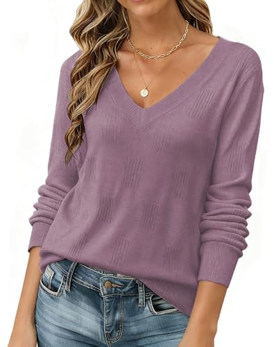 Sweaters for Women Trendy Fall Fashion 2025 Womens Long Sleeve Tops Shirts Blouses V Neck Casual Lightweight Pullover Sweater Grey Purple