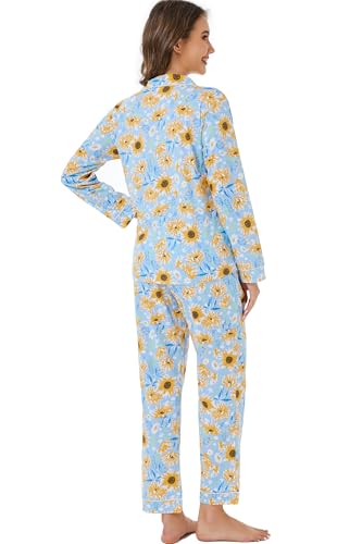 Image of LUBOT 100% Cotton Pajamas for Women Pajama Set Soft 2 Piece Sleepwear PJ Set Long Sleeve Knit Button Cozy Loungewear XS-XXL