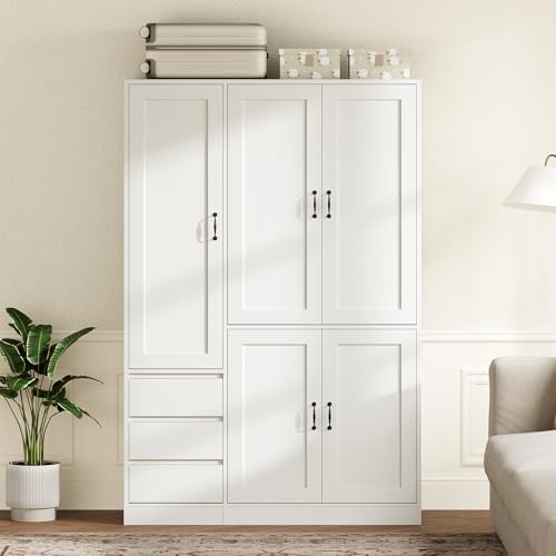 RALGEND Armoire Wardrobe Closet with 3 Drawers, 5 Doors Wardrobe Cabinet for Bedroom, 70.9\" Bedroom Armoire with Hanging Rod, Large Capacity Storage Wardrobe Armoire, Clothing Storage Closet, White