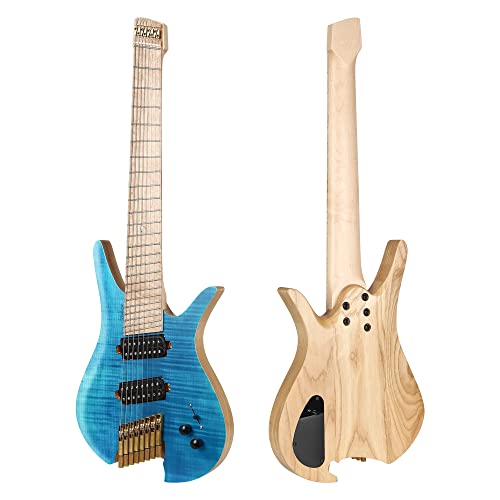 Batking Guitarra eléctrica sin cabeza, 8 cuerdas Fanned Fret Travel Guitar (azul) Cover
