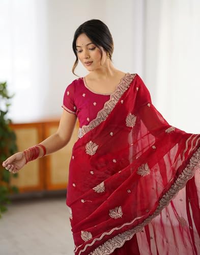 Image of SIRIL Women's Chiffon Scalloped Border Sequins Embroidery Saree with Unstitched Blouse Piece