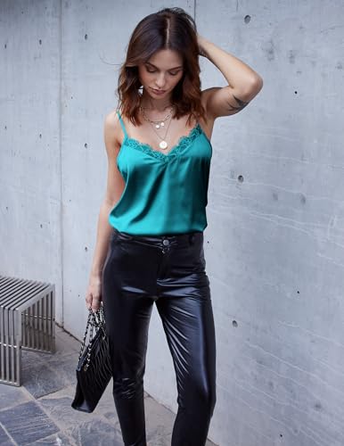 Image of Ekouaer Women's Satin Camisole Lace Silk Satin Pajama Tank Tops V Neck Soft Spaghetti Strap Loose Sleepwear Blue Green L