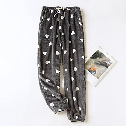 Schlafanzughosen Für Damen,Damen-Fleece-Pyjamahose, Süße, Lockere, Dunkelgraue Liebesherzdruck-Schlafhose, Winter, Verdicken, Weich, Warm, Stretch, Kordelzug, Weites Bein, Lounge-Hose Für Zuhaus Cover