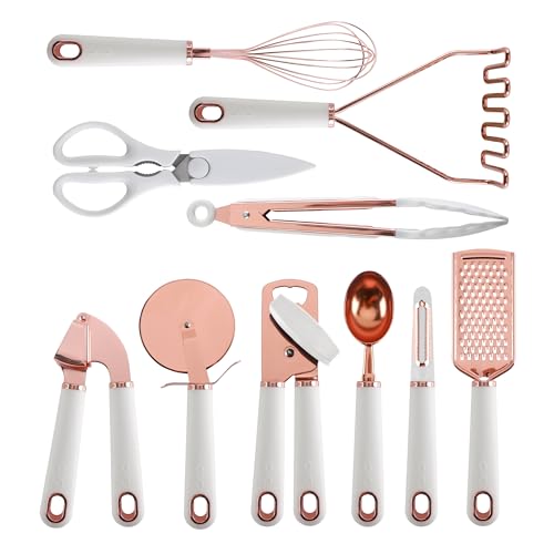 Image of COOK With COLOR 10 Pc Kitchen Gadget Set Copper Coated Stainless Steel Utensils with Soft Touch White Handles