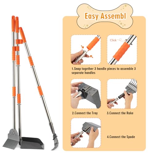 TIMINGILA Pooper Scooper Dog Pooper Scooper Long Handle Stainless Metal Tray Rake Spade Set for Large Medium Small Dogs Easy to Clean Pet Waste Use for Yard, Grass, Dirt or Gravel - Pet Supplies
