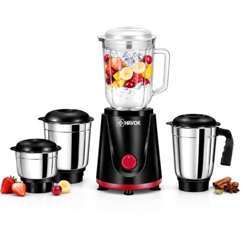 Image of HAVOK Valuemix 750W Juicer Mixer Grinder | Powerful Motor with 20,000 RPM | Includes 4 Stainless Steel Jars | Auto Overload Protection | Sleek Black & Red Design