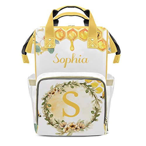 Bee Flower Watercolor Mommy Bag for Baby Girl Custom Diaper Bag Backpack Waterproof Multi-Function Travel Camping Picnic Diaper Carrying Bag