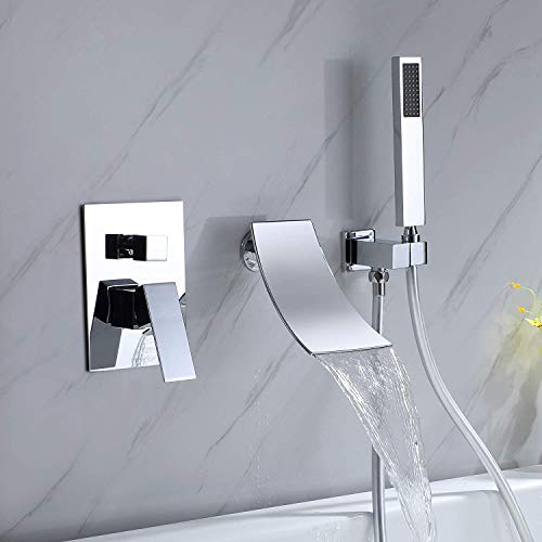 DEOLER Bathroom Tub Faucets Set Polished Chrome Wall Mounted Solid Brass High Flow Single Handle Waterfall Tub Faucet with Handheld Shower and cUPC Certified