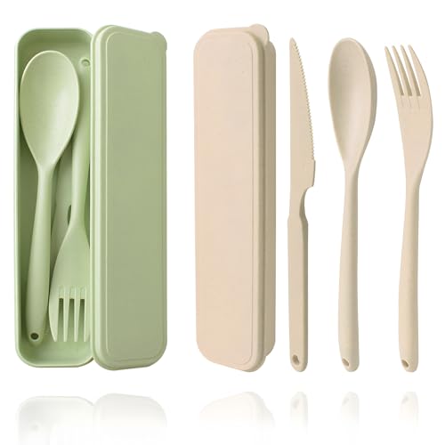 Cuayaes 2 Juego de Cubiertos Camping Grande portátil con Estuche, Cubiertos plastico Reutilizables, Juego de cucharas Cuchillos y Tenedores Cubiertos para Llevar al Trabajo, Viaje, Escuela