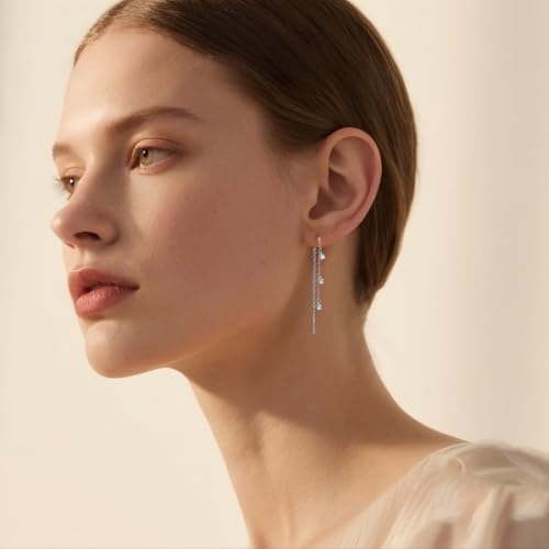 SLUYNZ Solid 925 Sterling Silver CZ Dangle Earrings Chain for Women Teens Threader Drop Earrings Tassel3