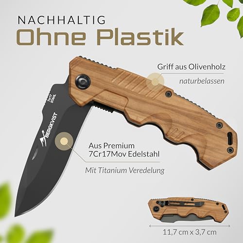 BERGKVIST® K10 Klappmesser (Zweihandmesser) - scharfes Taschenmesser für Outdoor & Survival mit Feuerstahl & Tasche - Mitführen in Deutschland erlaubt - Griff aus Olivenholz