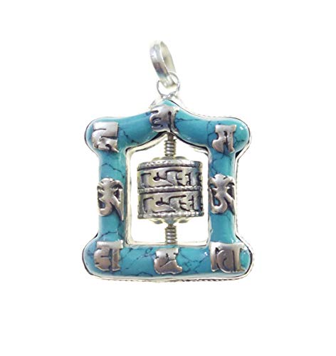 TÜRKIS EDELSTEIN TIBETISCHE ANHÄNGER AMULETT GEBETSMÜHLE BOHO ETHNISCHE TRIBAL ANHÄNGER FÜR FRAU MÄNNER, TEMPEL DESIGNER ANHÄNGER MIT BUDDHISTISCHEN MANTRAS, HANDGEMACHT HEILUNG ANHÄNGER SCHMUCK Cover