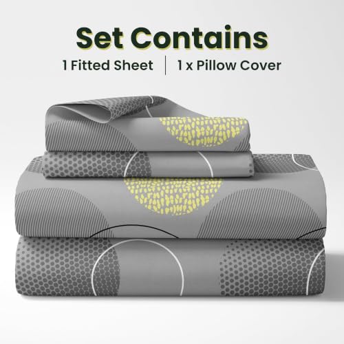 Image of LORETO - A QUALITY LINEN BRAND 144 TC 100% Pure Cotton Single Fitted Bedsheet with 1 Pillow Cover for 72 x 36 Inch Mattress, All-Around Elastic, 8 Inch Deep Pocket, Grey & Yellow Geometric