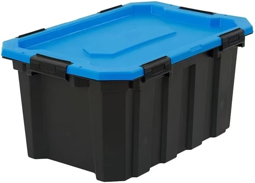 24 Gallon Water Resistant Heavy Duty Storage Bin with Gasket Seal Lid & 6 Latching Closures – Black/Blue Dust Proof Tote for Power Tools, Lasers, Truck Transport, Stackable