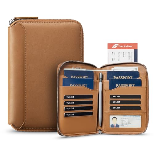 VULKIT Leather Family Passport Holder for 4-6 Passports Premium Document Organizer Case Travel Wallet for Couples and Families