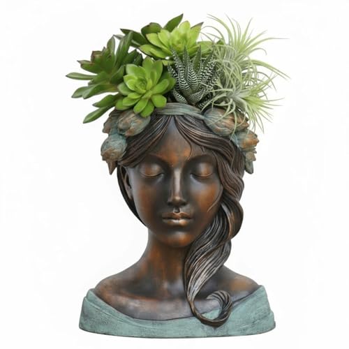 DiliComing Head Planter Face Plant Pots - 10 Inch Flower Pot Succulents Large Outdoor Planters Indoor with Drainage Resin Lady Black Statue for Garden Home Decor Porch Gift for Plant Lovers