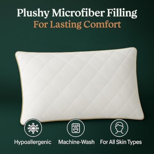 Image of Homerz Premium Set of 2 Quilted Pillow, Virgin Fiber Filled (17 x 27 inch / 43 x 69 cm) | Luxury Queen Size Bed White Microfiber Pillows |Neck Support, Machine Washable (Quilted, Set of 2)