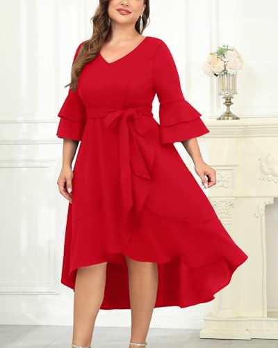 Image of Plus Size Wedding Guest Dress - Double Bell Sleeve High Low Split Dresses | Semi formal cocktail dress, V-neck double bell sleeves with belted high-low split ruffle hem.